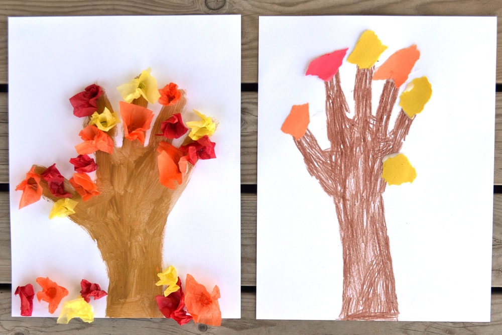 Two fall hand print crafts.